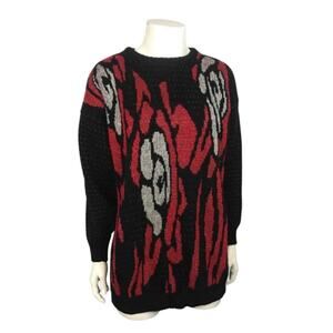 Vintage 80s Red Rose Knit Sweater Black Red Floral Tunic Top Large -